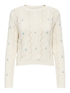 ONLY Rita Life Long Sleeve Cable Knit - Ecru Cashmere / Blue Flower Ecru Cashmere Blue Flower model front view