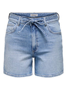 ONLY Gianna Mid Waist Belted Denim Shorts-Light Blue Denim Light Blue Denim model front view