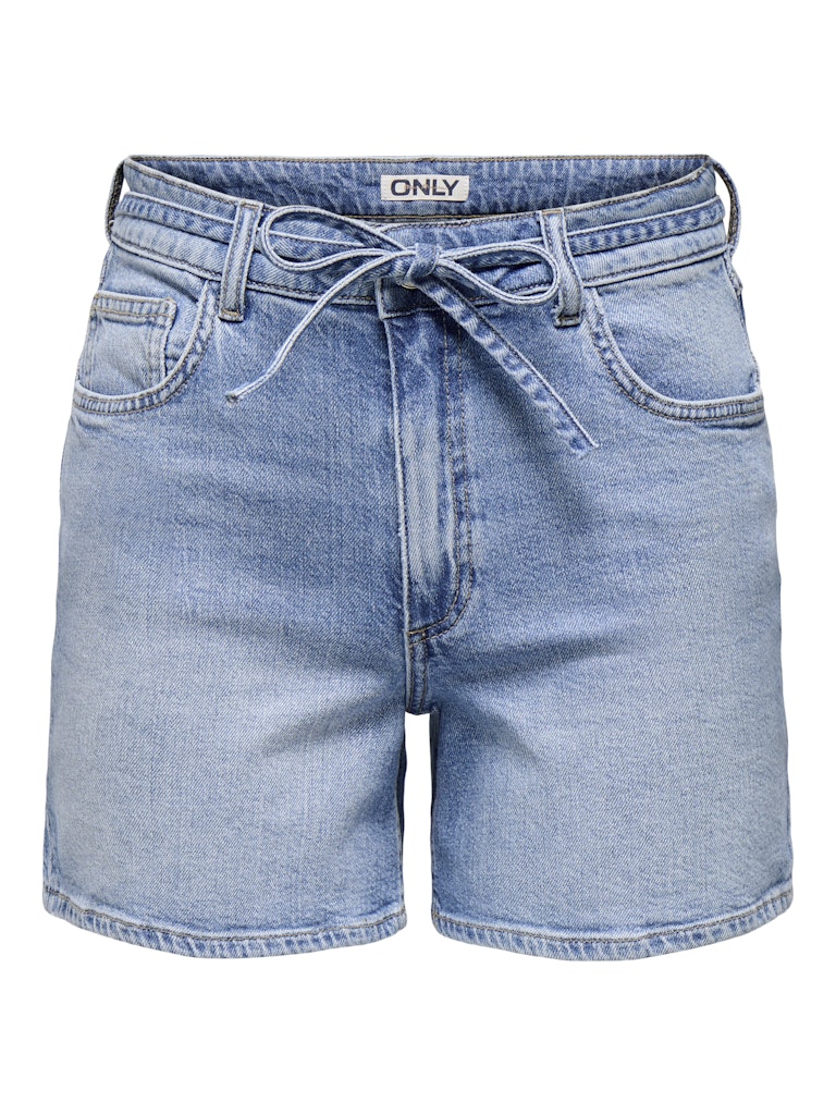 ONLY Gianna Mid Waist Belted Denim Shorts-Light Blue Denim Light Blue Denim model front view