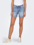 ONLY Gianna Mid Waist Belted Denim Shorts-Light Blue Denim Light Blue Denim front view
