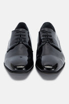 Front view of the David black patent tuxedo shoe by Benetti