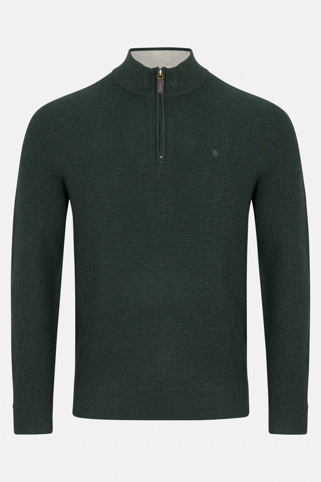 Benetti Oliver Forest 1/4 Zip knit sweater, front view, with quarter-zip collar and long sleeves.