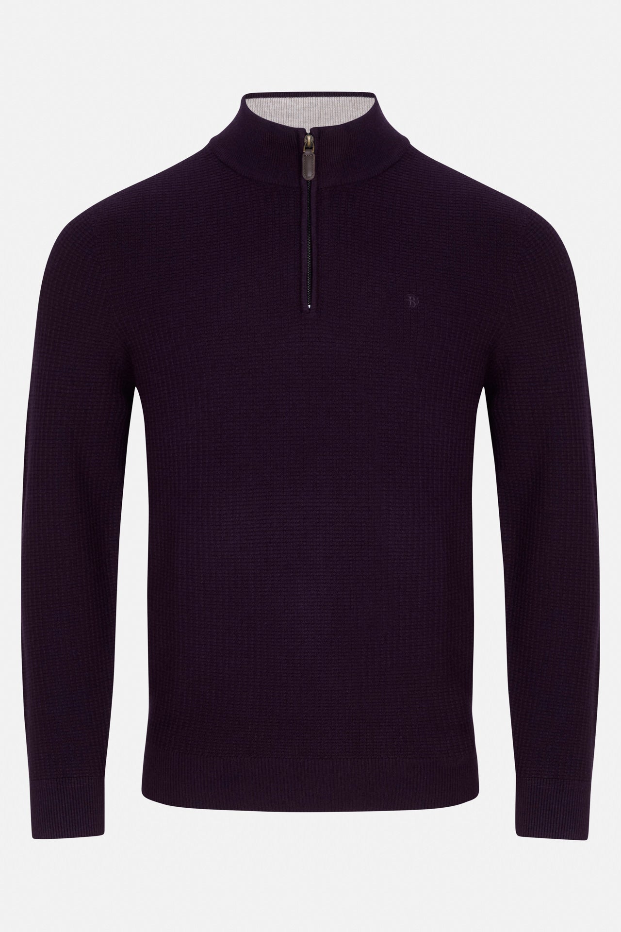 Benetti Oliver Plum 1/4 Zip knit sweater, front view, with half-zip collar and long sleeves.