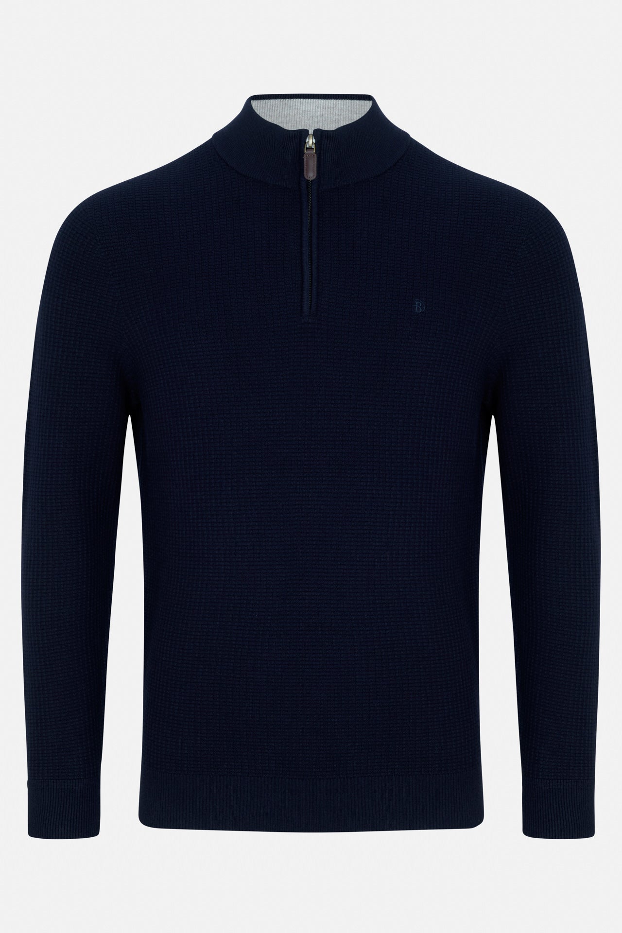 Benetti Oliver Navy 1/4 Zip knit jumper, front view, with quarter-zip collar and long sleeves