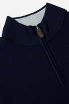 Close-up of the Benetti Oliver Navy 1/4 Zip knit collar and zip pull, with ribbed trim and textured navy fabric.