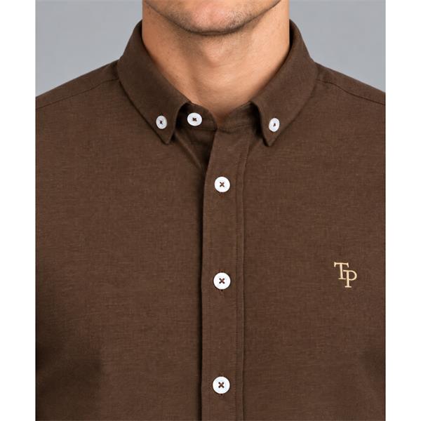 Close-up of the Tom Penn Brown Oxford shirt collar, buttons and chest logo