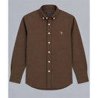 Tom Penn Brown Oxford long-sleeve shirt laid flat showing the button-down collar and chest logo