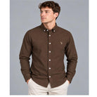Tom Penn Brown Oxford long-sleeve shirt worn by a model, front view