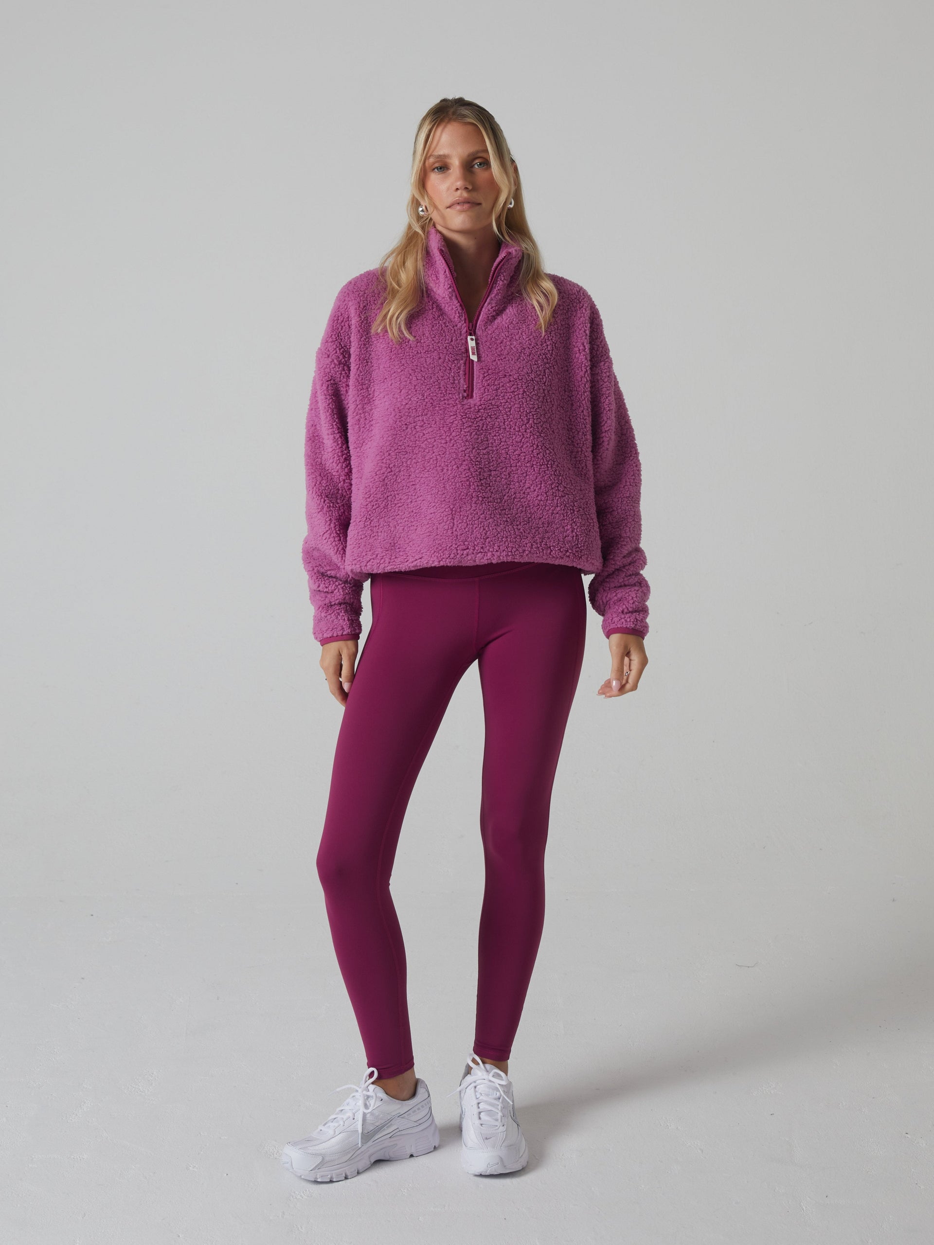 Ladies Penny Fleece Half Zip Soft Rose-Model Full Front View