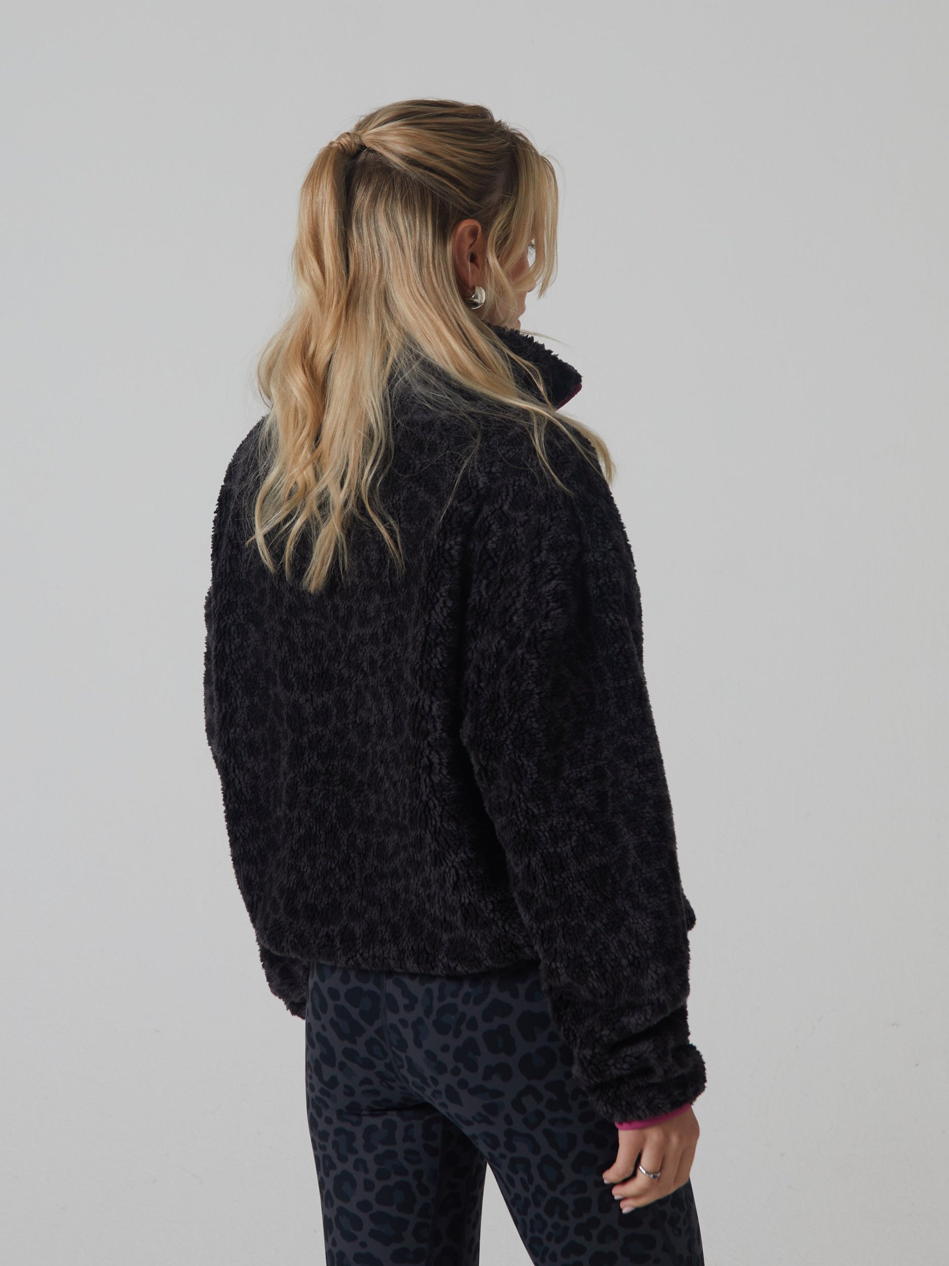 Ladies Penny Fleece Half Zip Leopard Print-Back View