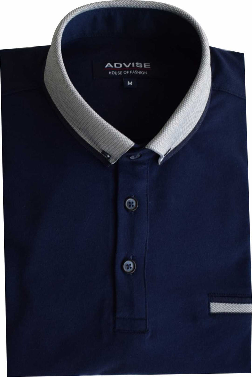 Navy blue polo shirt with light gray collar on a white background