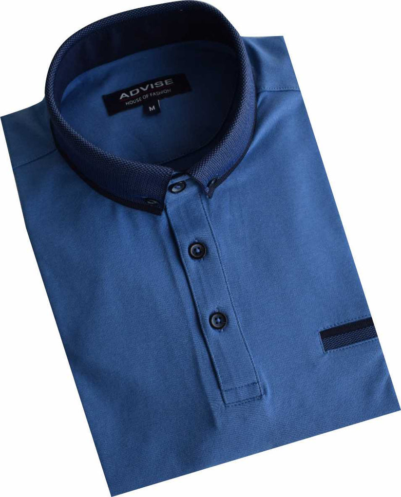 Blue polo shirt with navy collar and buttons on a white background
