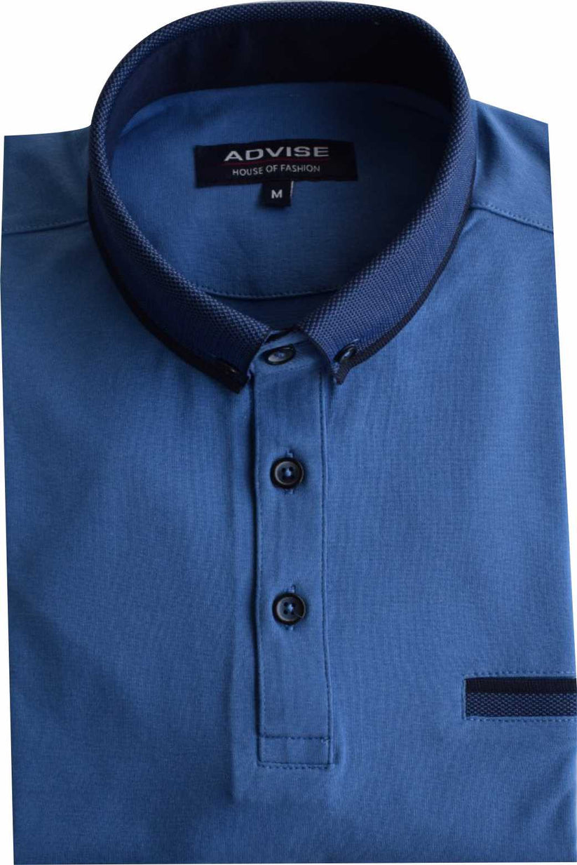 Folded blue polo shirt with Advise label on a white background