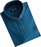 Angled folded view of Advise men’s Ocean blue polo shirt with contrast-trimmed chest pocket