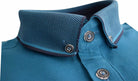 Close-up of Advise Ocean blue polo shirt showing contrast button-down collar and placket