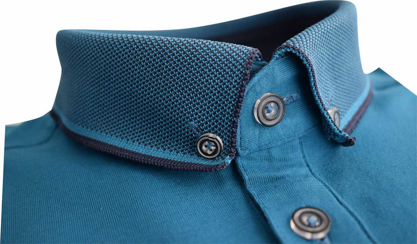 Close-up of Advise Ocean blue polo shirt showing contrast button-down collar and placket
