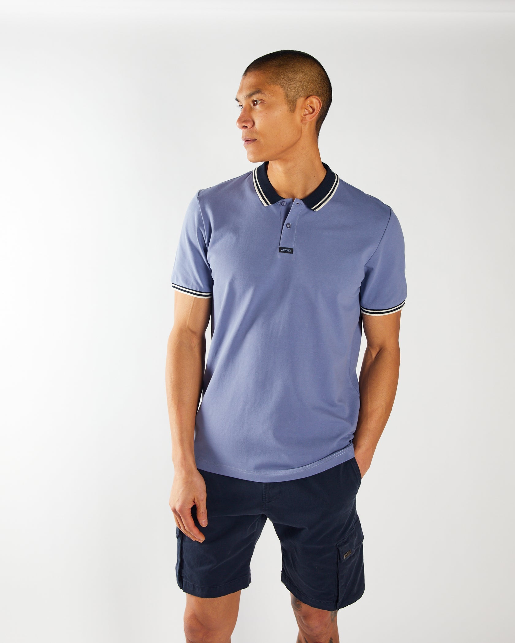 Porter Court Blue Polo Shirt-Model looking right