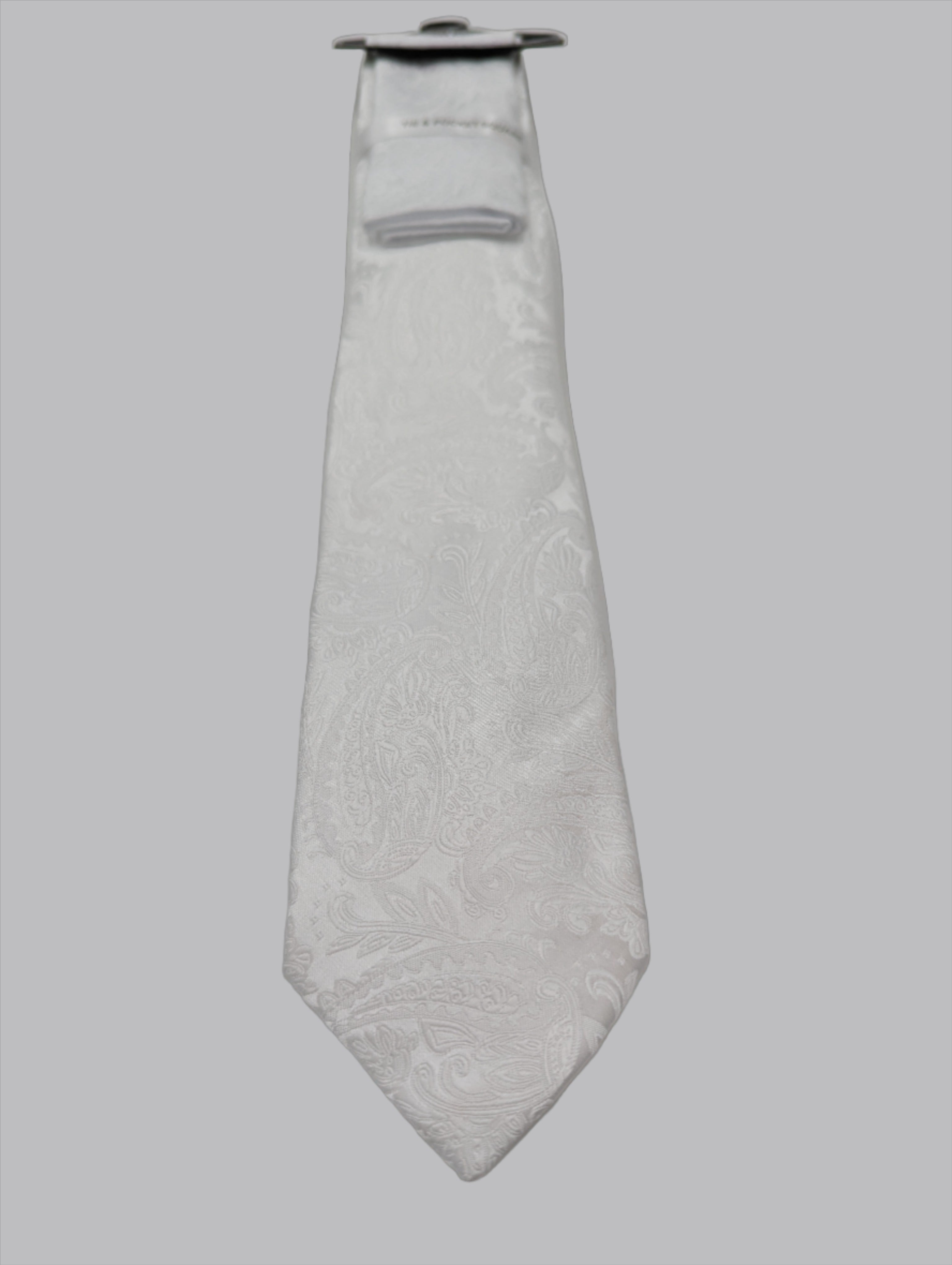 Men's Paisley Tie With Pocket Square - White-Close up view