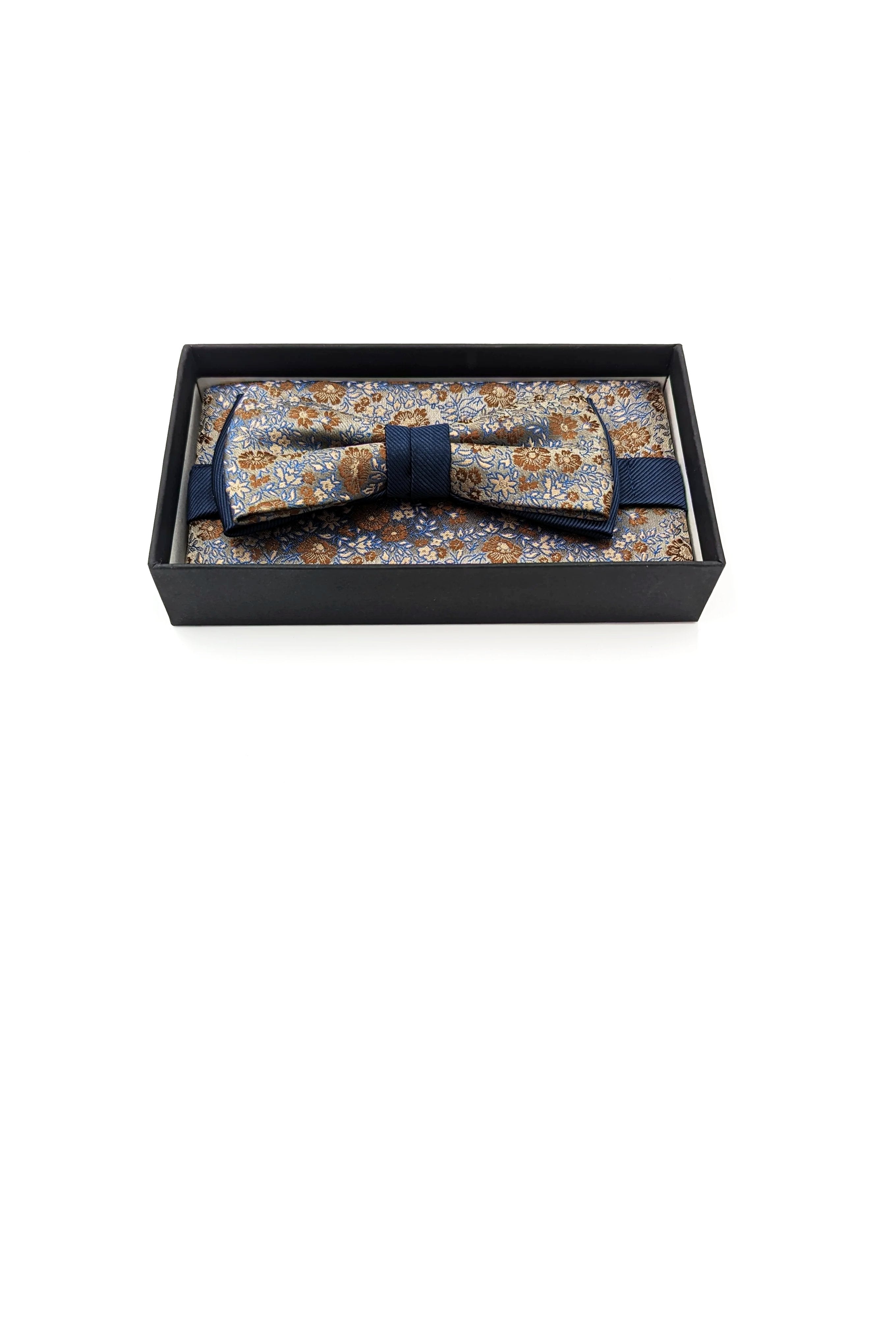 Navy Rust Floral Mens Bow and Pocket Square Set