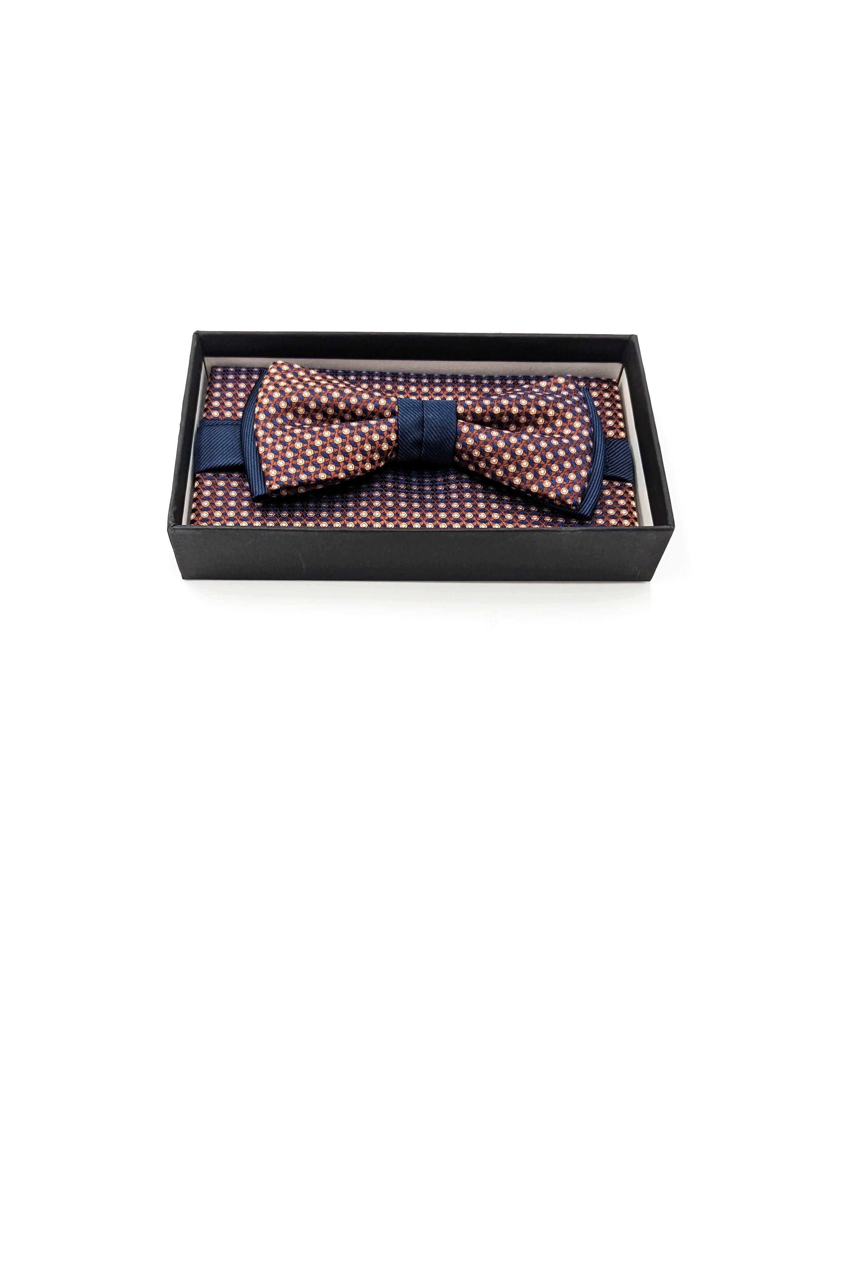 Zazzi Textured Mens Bow and Pocket Square Set Navy/Rust back view