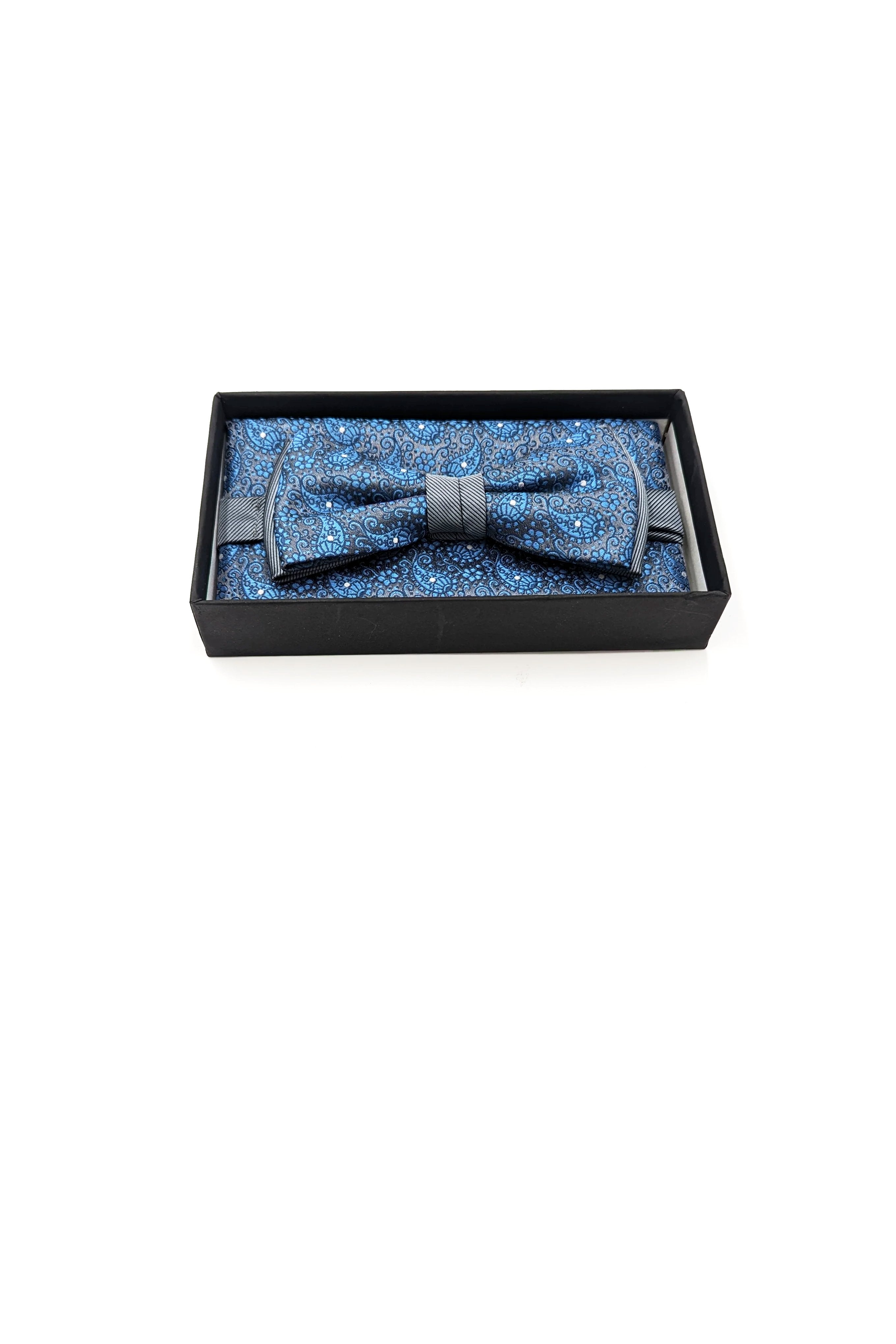 Zazzi Textured Mens Bow and Pocket Square Set Blue/Grey model front view