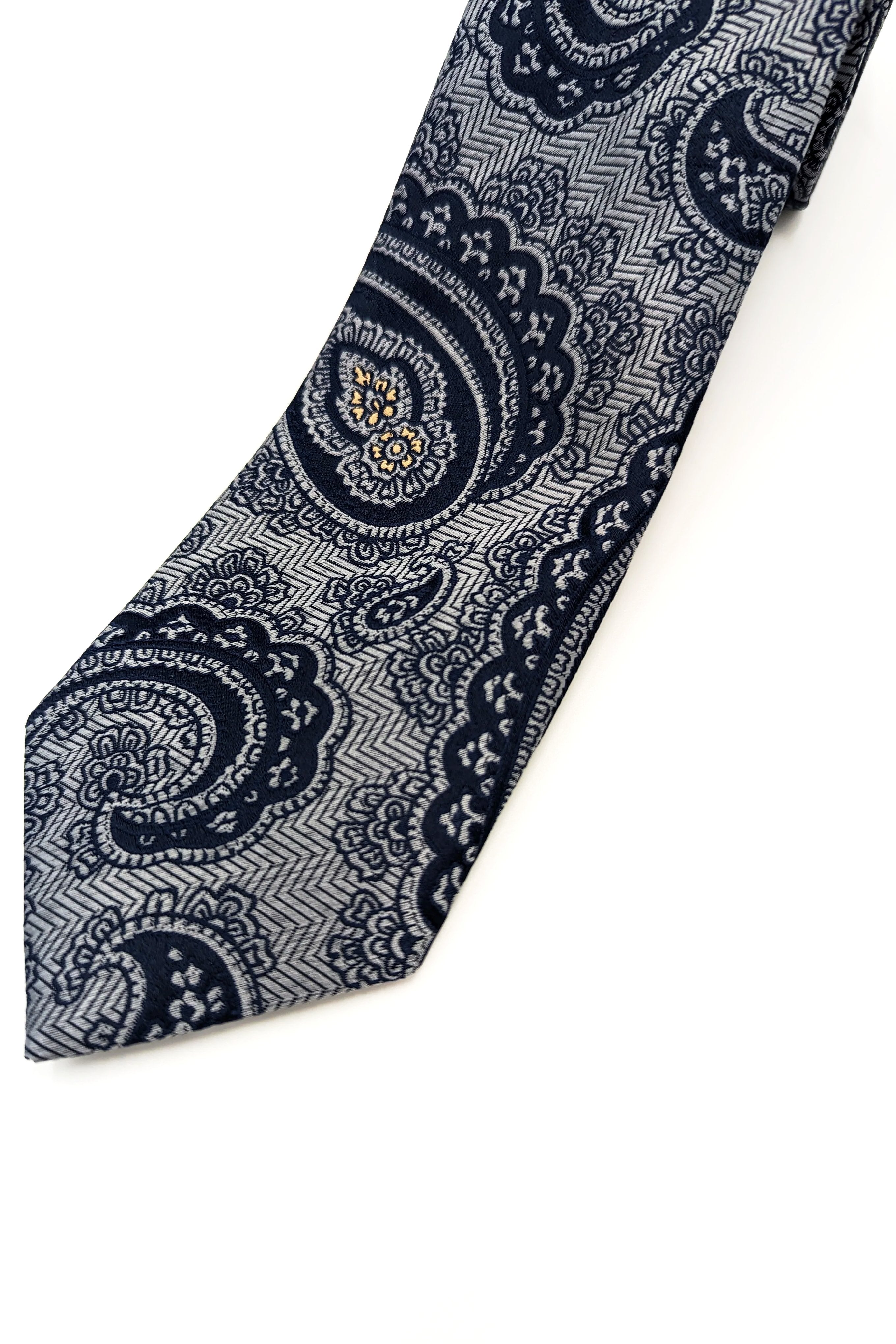 Paisley Tie Navy/Silver with Gold Spec-Close up