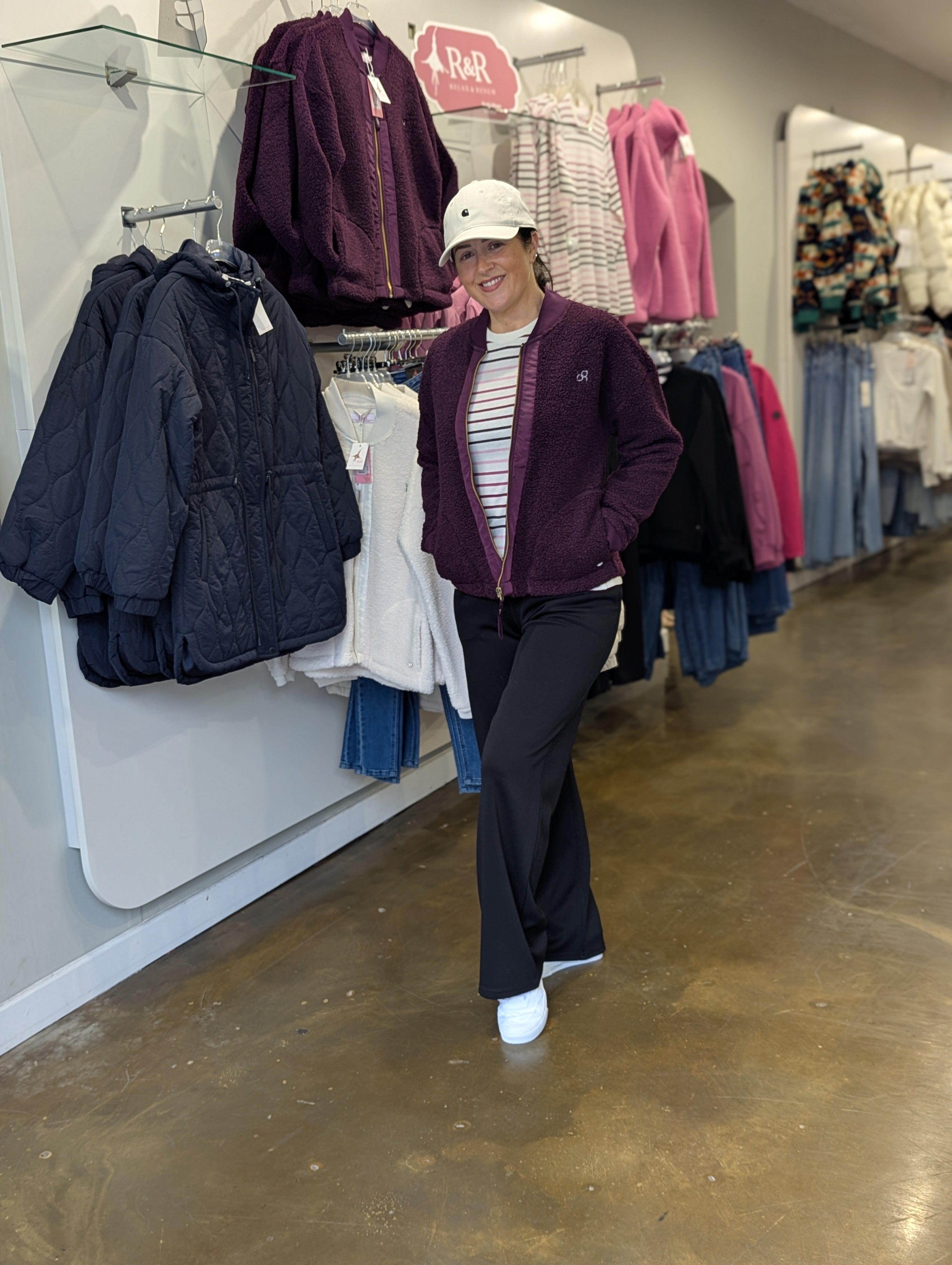 Tina in Relax & Renew Heidi Borg Bomber Jacket-Plum