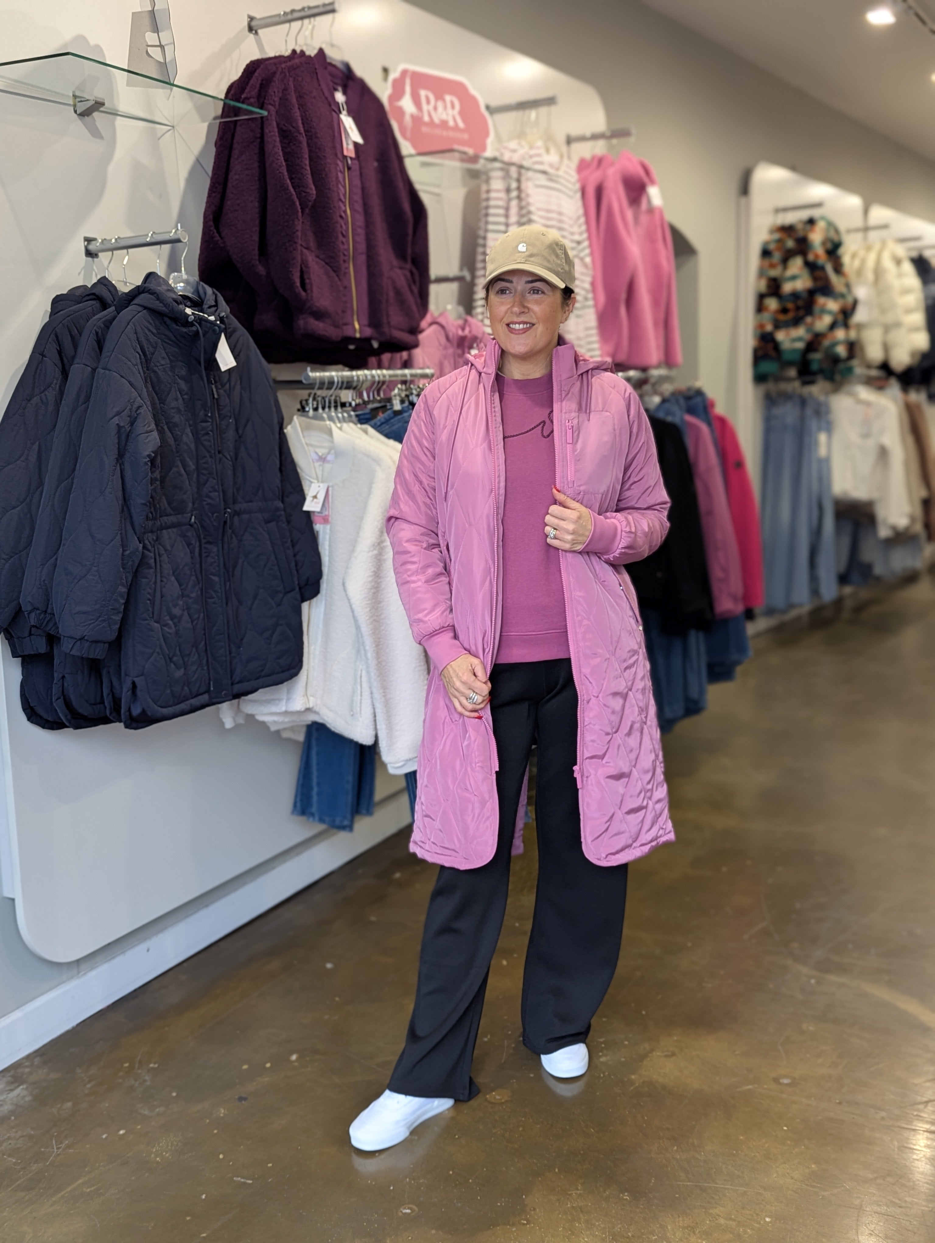 Tina in the Relax & Renew Casey Longline Berry Coat