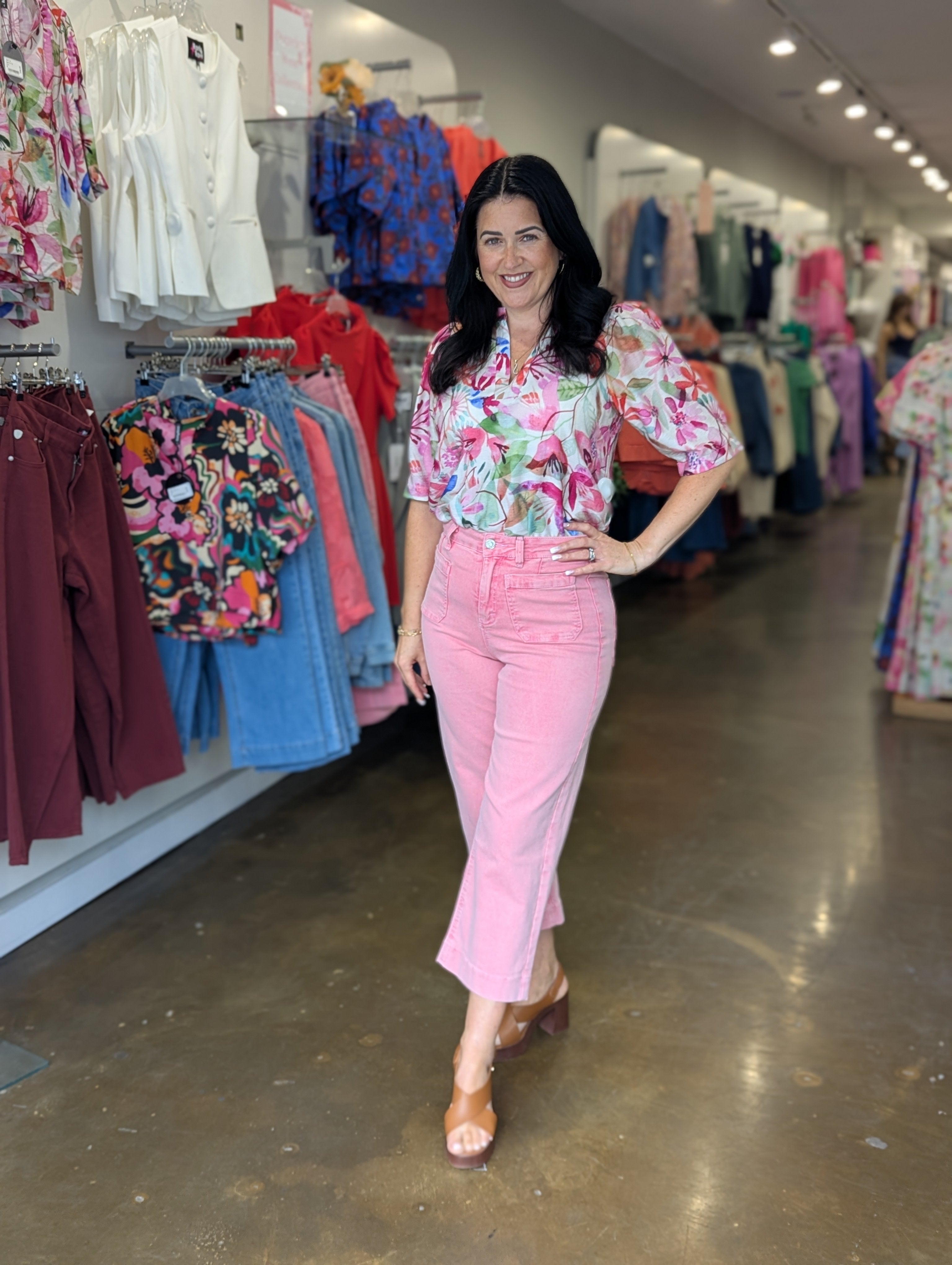 Tina in the East Pink Top Paired With the Laine Crop Wide Leg Pink Ice Jeans
