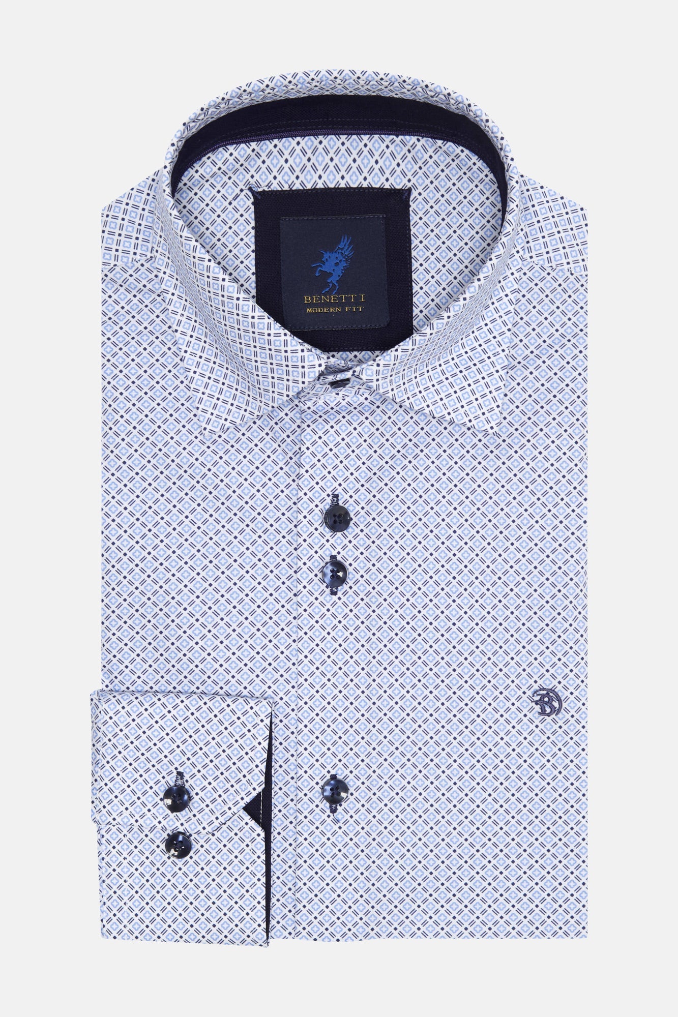 Men's Porsche Casual Pattern Long Sleeve Shirt-Blue-Front View