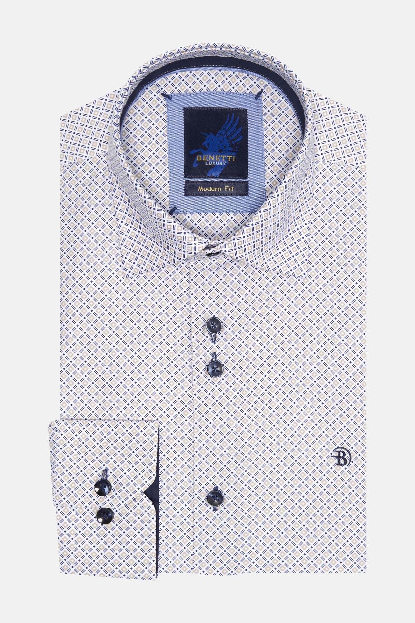 Men's Shirts from Benetti Menswear-Porsche Casual Pattern Long Sleeve Shirt-Stone-Front View