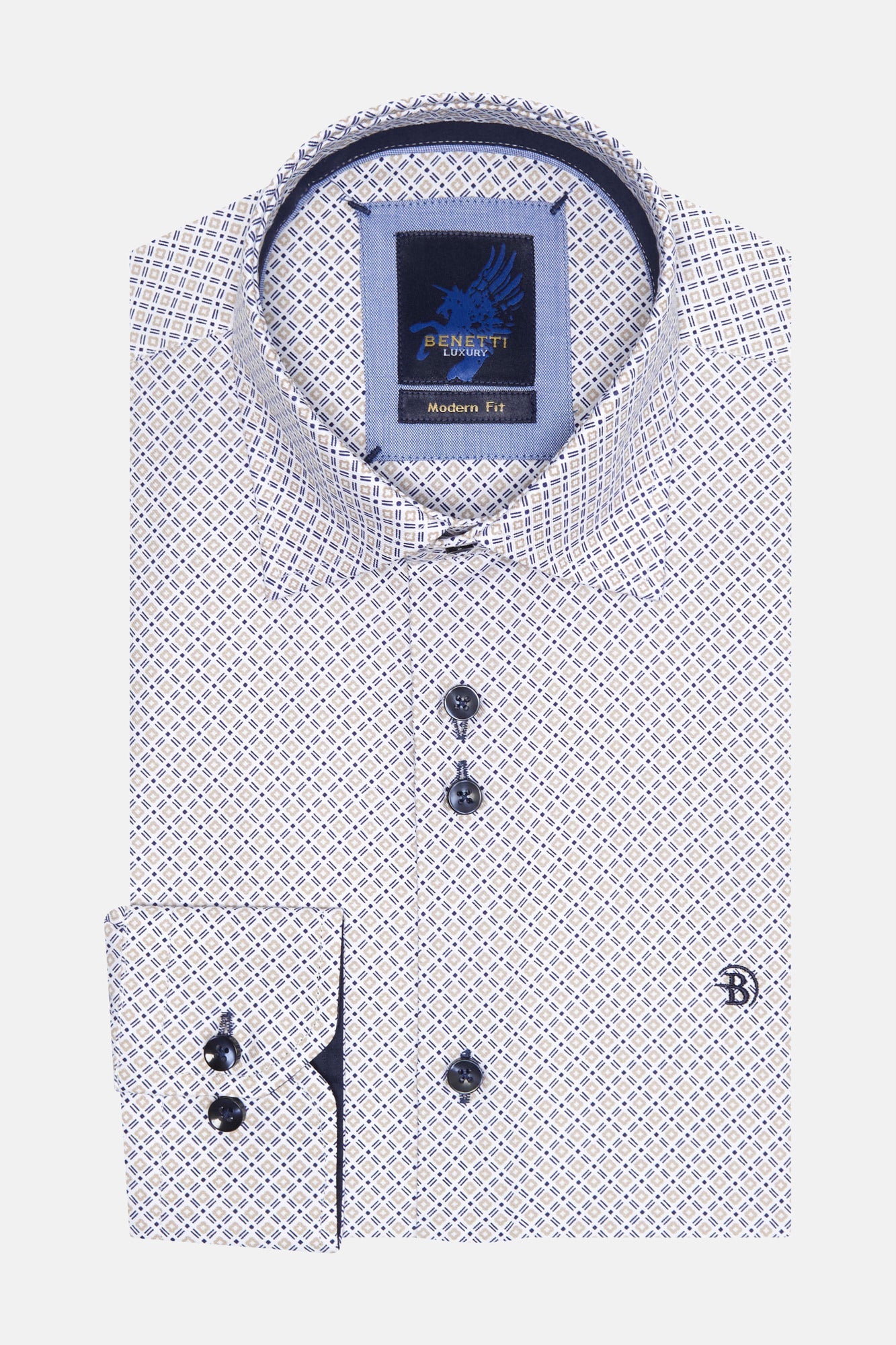 BENETTI Porsche Casual Pattern Long Sleeve Shirt Stone front view