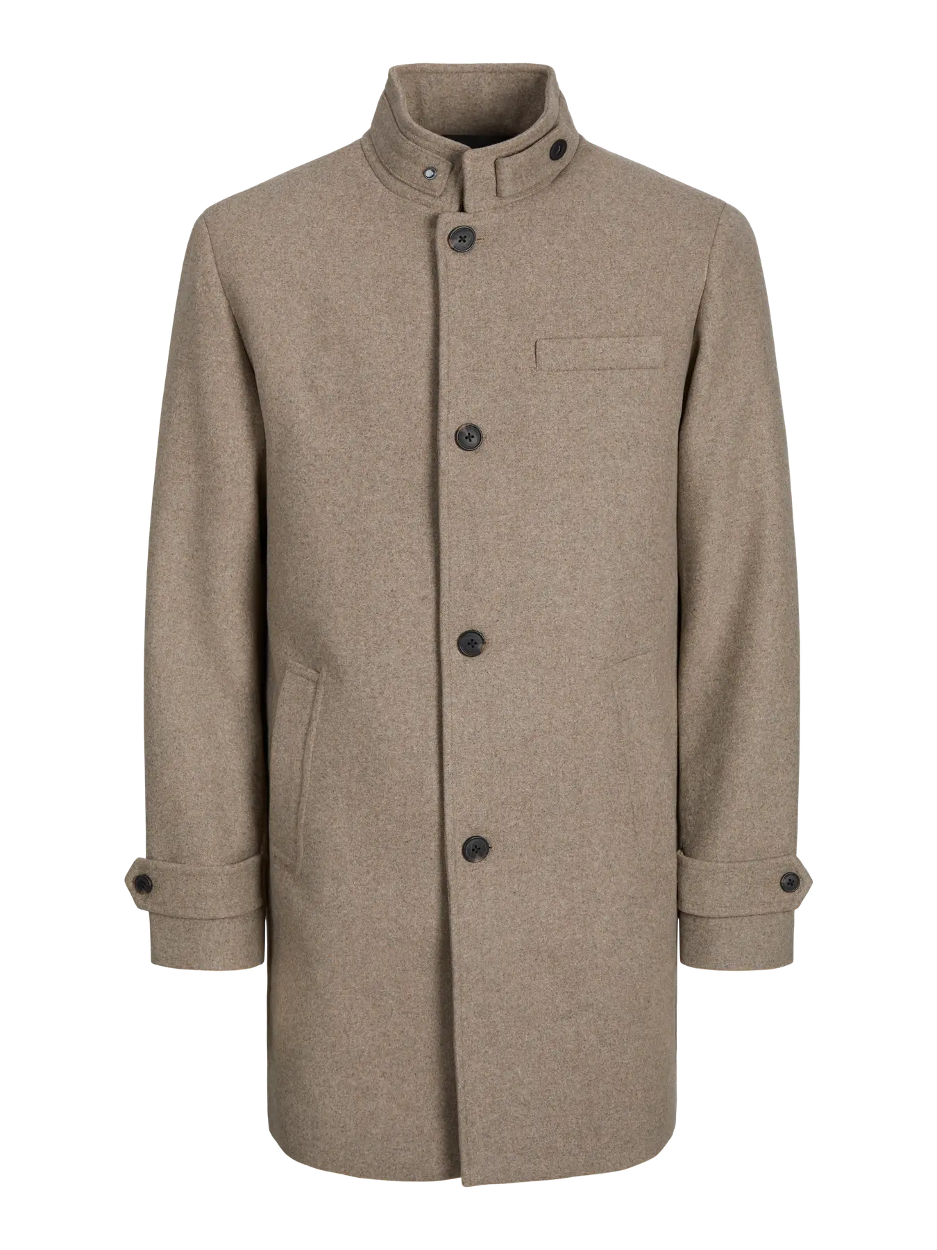 Beige overcoat with button details on a white background