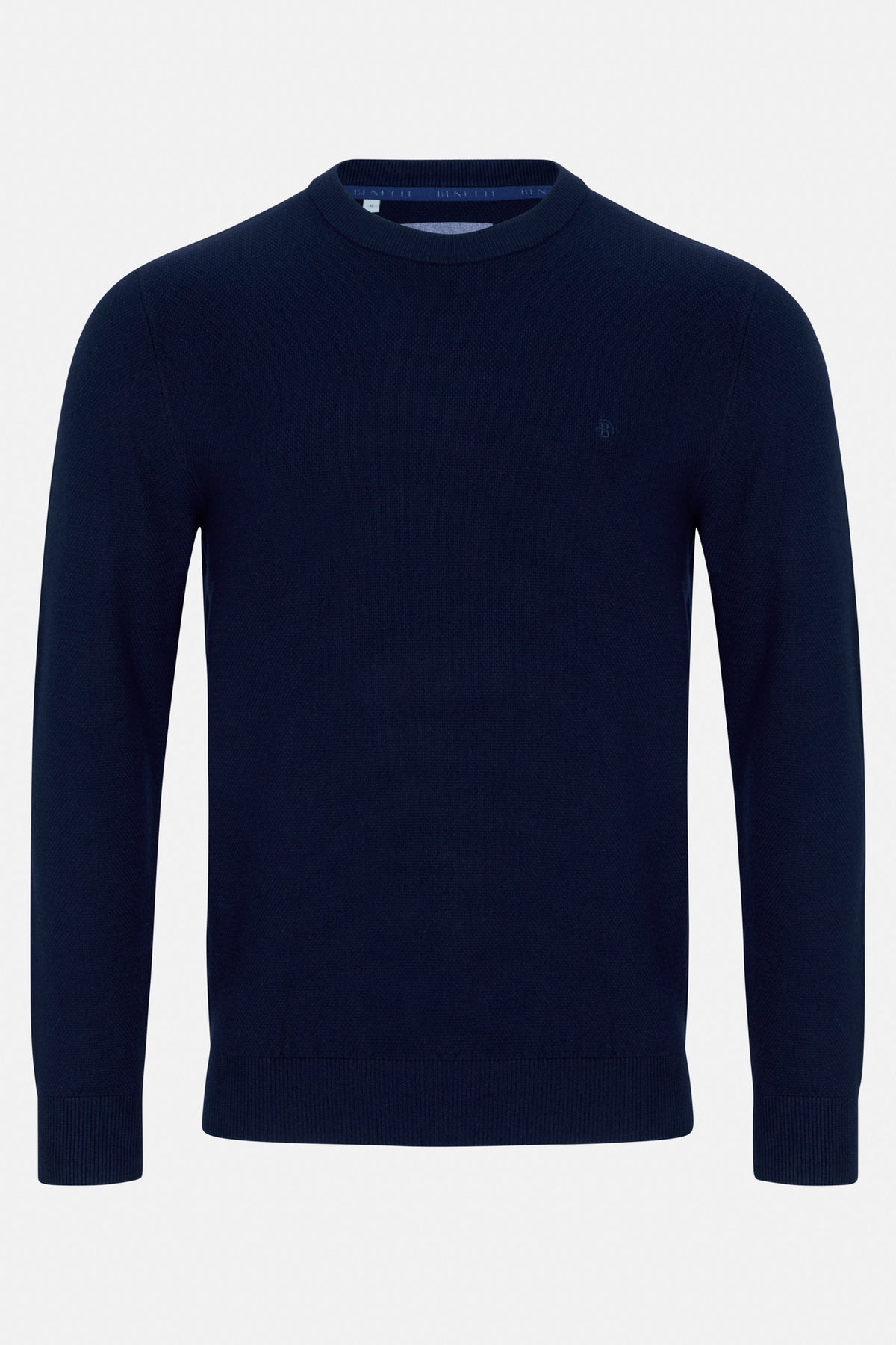 Benetti Quinn Navy O Neck Knit, front view, long-sleeve crew-neck knit with subtle chest logo.