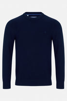 Benetti Quinn Navy O Neck Knit, front view, long-sleeve crew-neck knit with subtle chest logo.