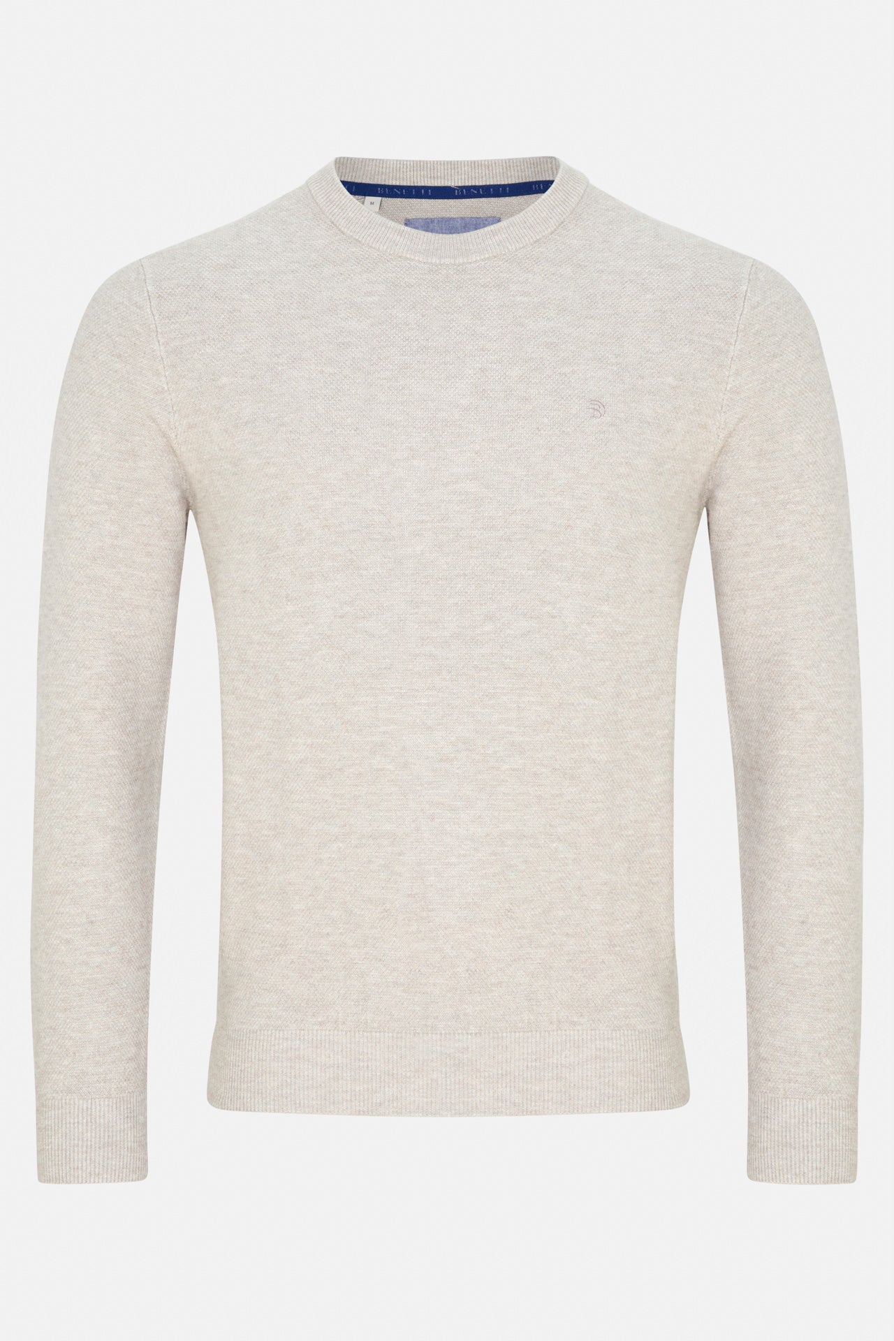 Benetti Quinn Stone O neck knit sweater, front view, with long sleeves and ribbed crew neck, cuffs, and hem