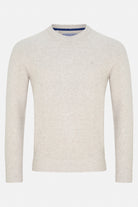 Benetti Quinn Stone O neck knit sweater, front view, with long sleeves and ribbed crew neck, cuffs, and hem