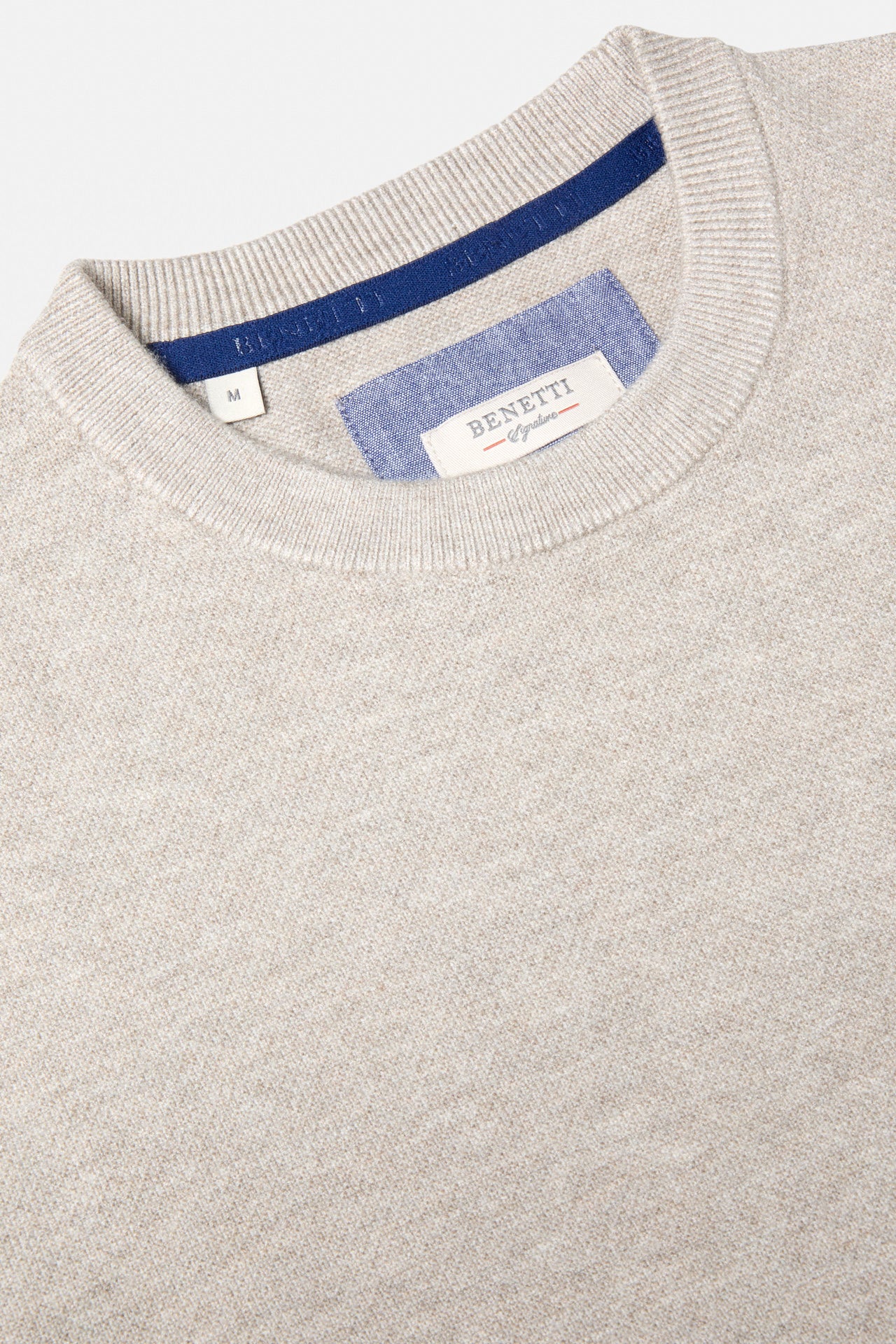 Benetti Quinn Stone O Neck Knit close-up of crew neck with inside label and ribbed collar detail