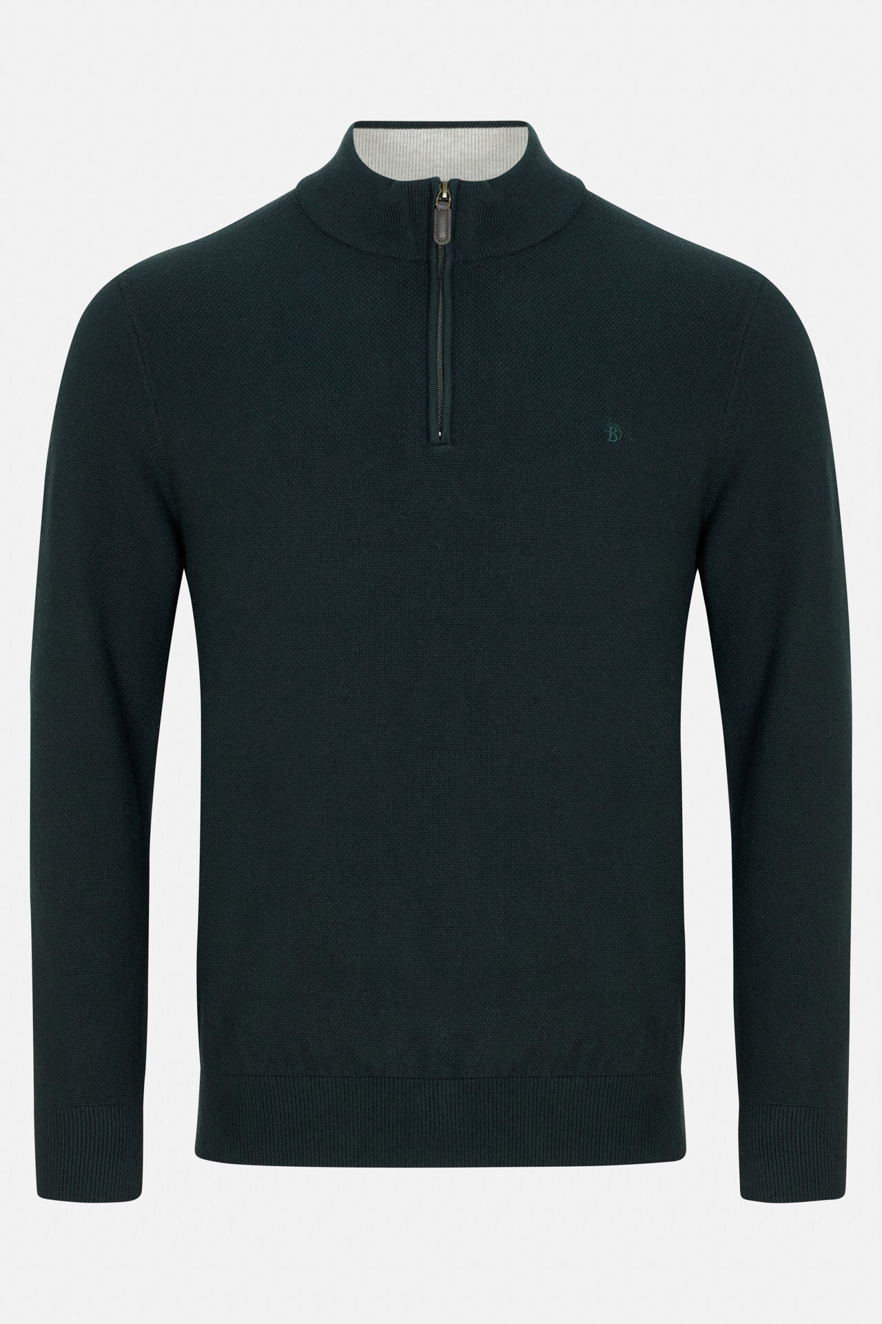 Benetti Quinn Forest 1/4 Zip knit sweater with a quarter zip, high collar, and long sleeves.