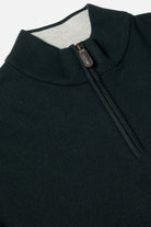 Benetti Quinn Forest 1/4 Zip knit, close-up of the quarter-zip collar with ribbed trim and leather zip pull tab