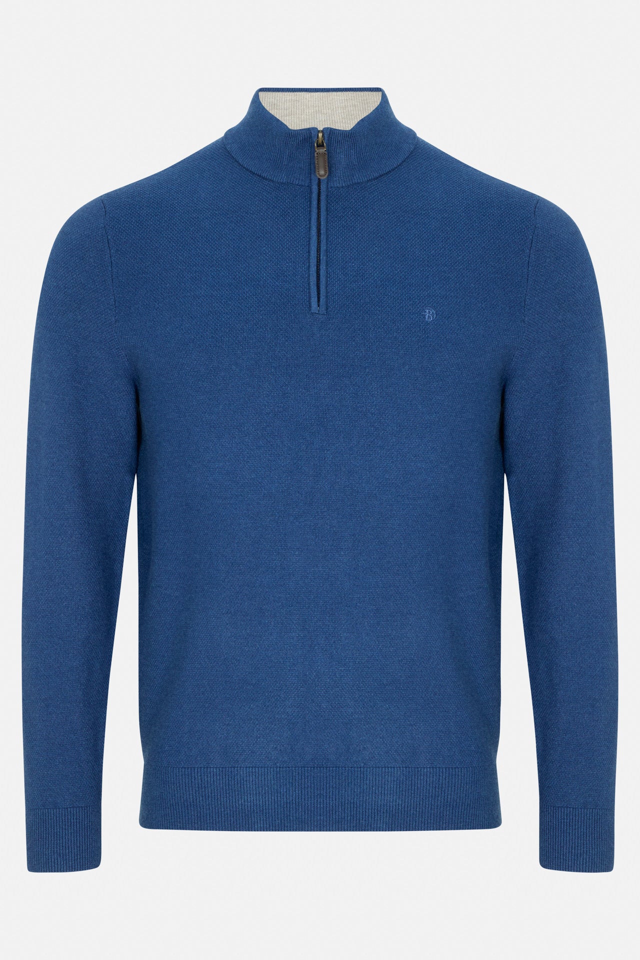 Benetti Quinn Indigo 1/4 Zip knit sweater, front view, with quarter-zip collar and long sleeves.