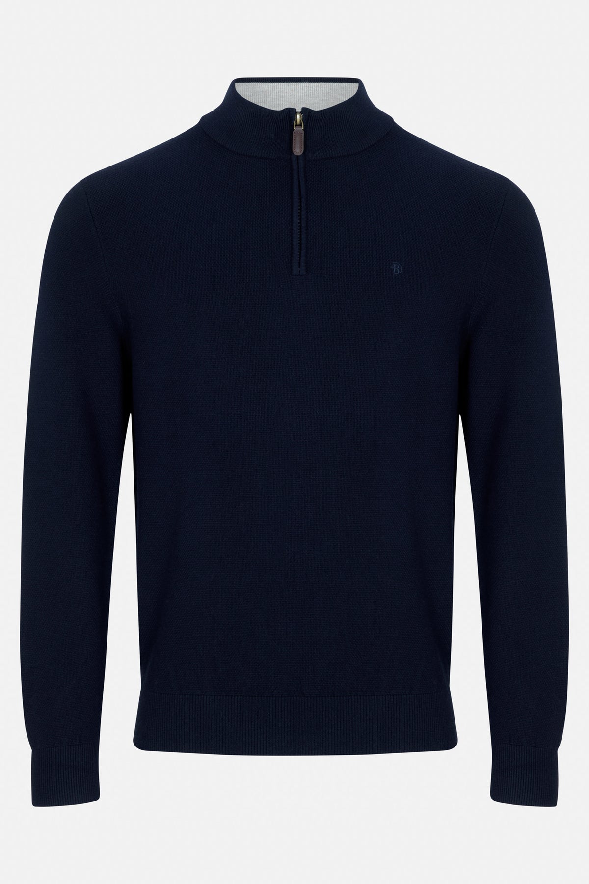 Benetti Quinn Navy 1/4 Zip knit sweater, front view, with quarter-zip collar and long sleeves.