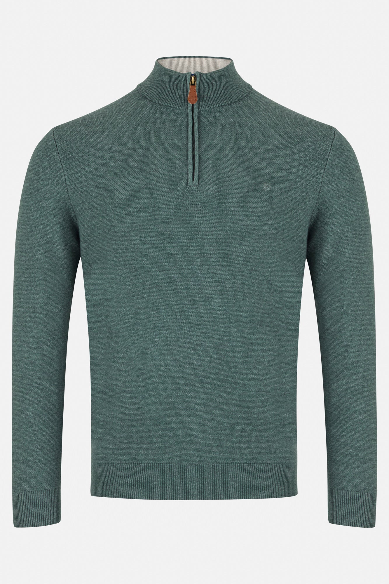 Green sweater with a quarter zip on a light gray background