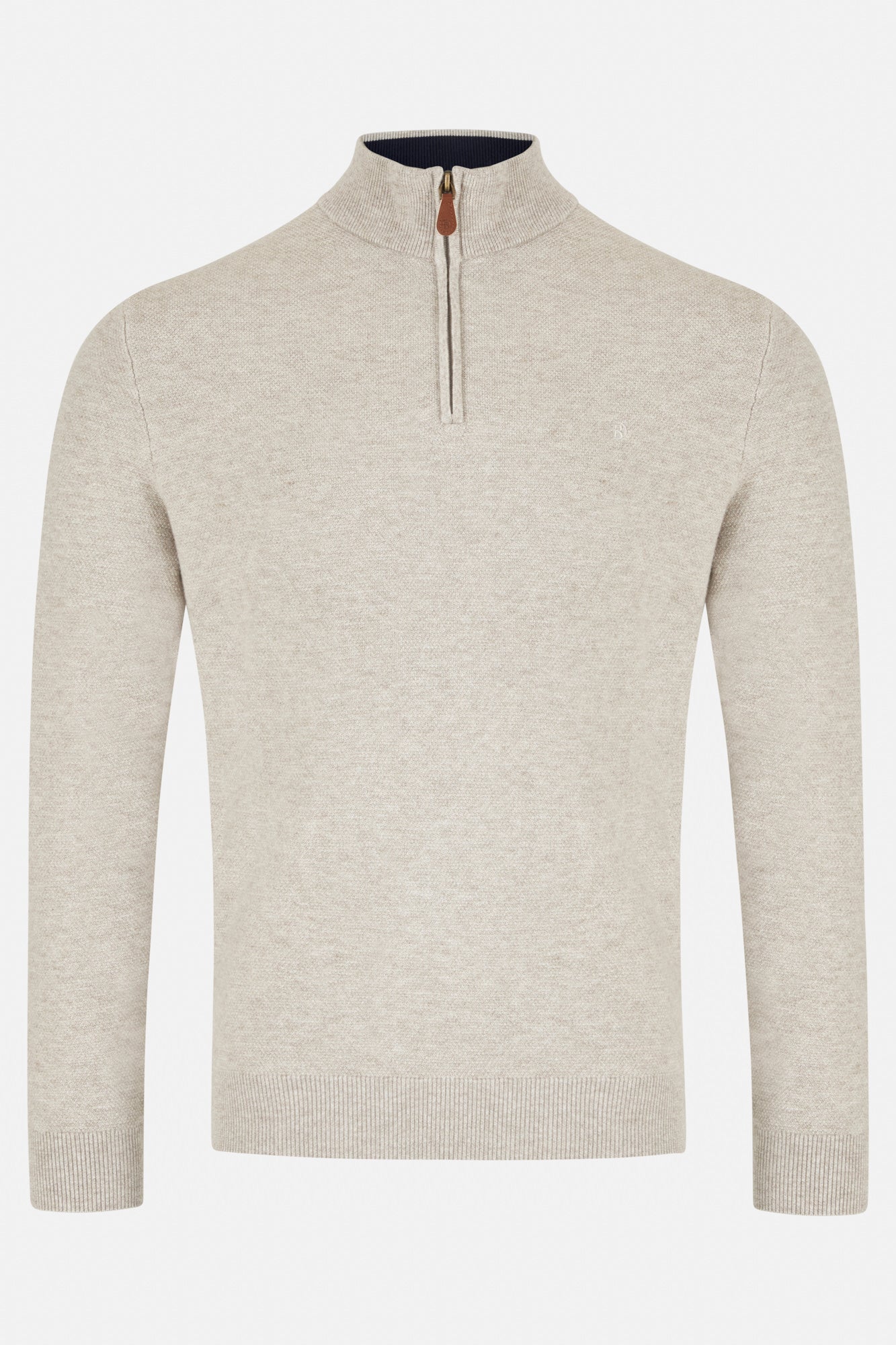 Beige sweater with a quarter zip on a white background