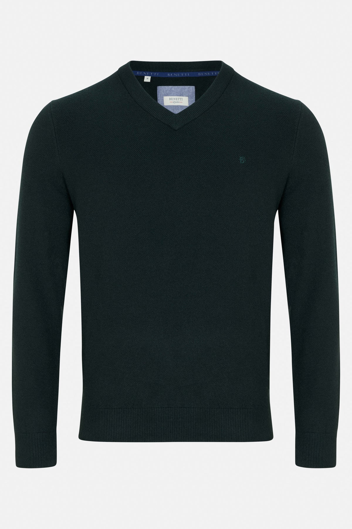 Benetti Quinn Forset V Neck Knit in FOREST, front view, with ribbed trim and subtle chest logo detail.