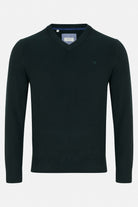 Benetti Quinn Forset V Neck Knit in FOREST, front view, with ribbed trim and subtle chest logo detail.