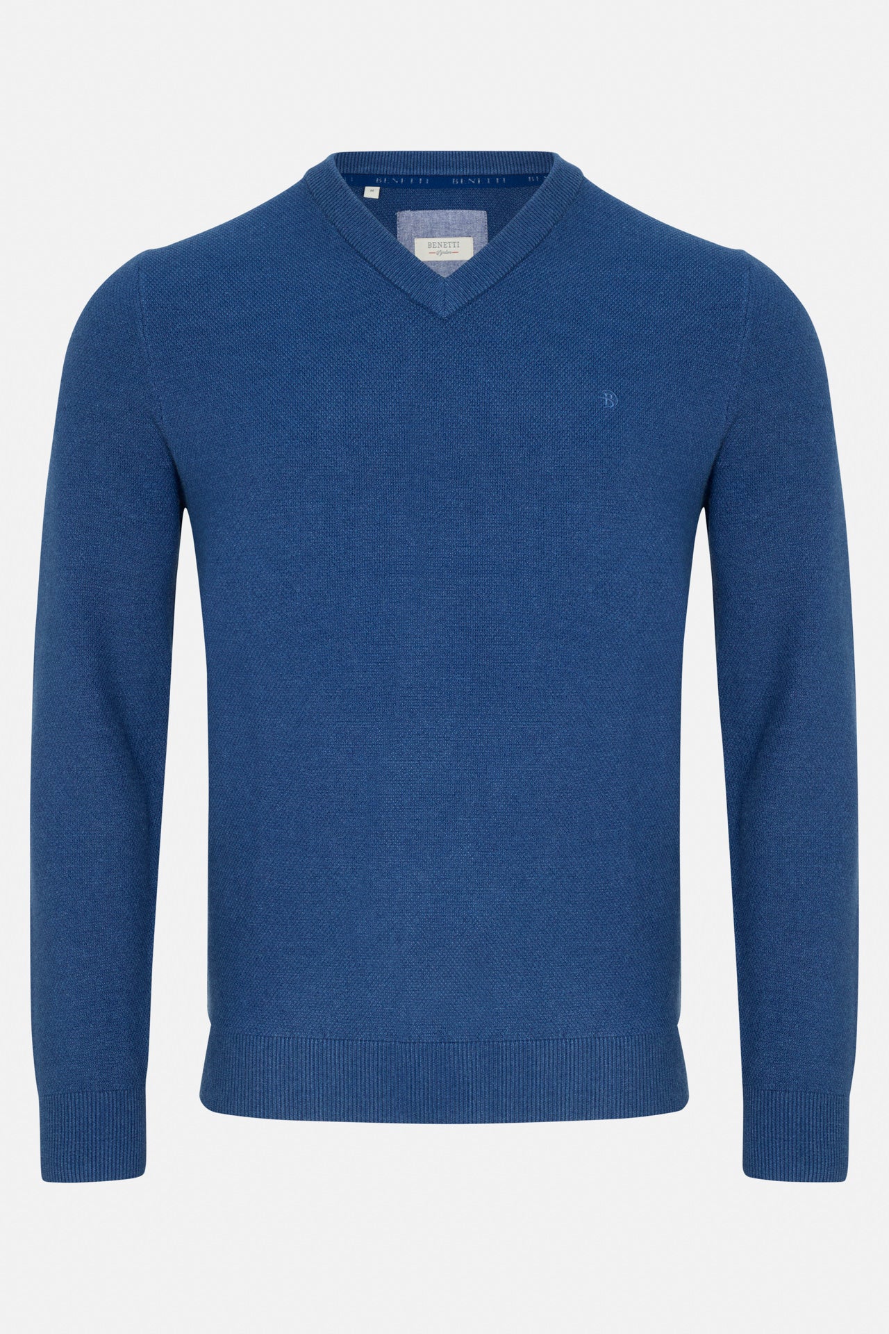 Benetti Quinn INDIGO V-neck knit sweater with ribbed trim and long sleeves, front view