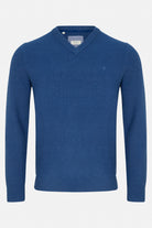 Benetti Quinn INDIGO V-neck knit sweater with ribbed trim and long sleeves, front view