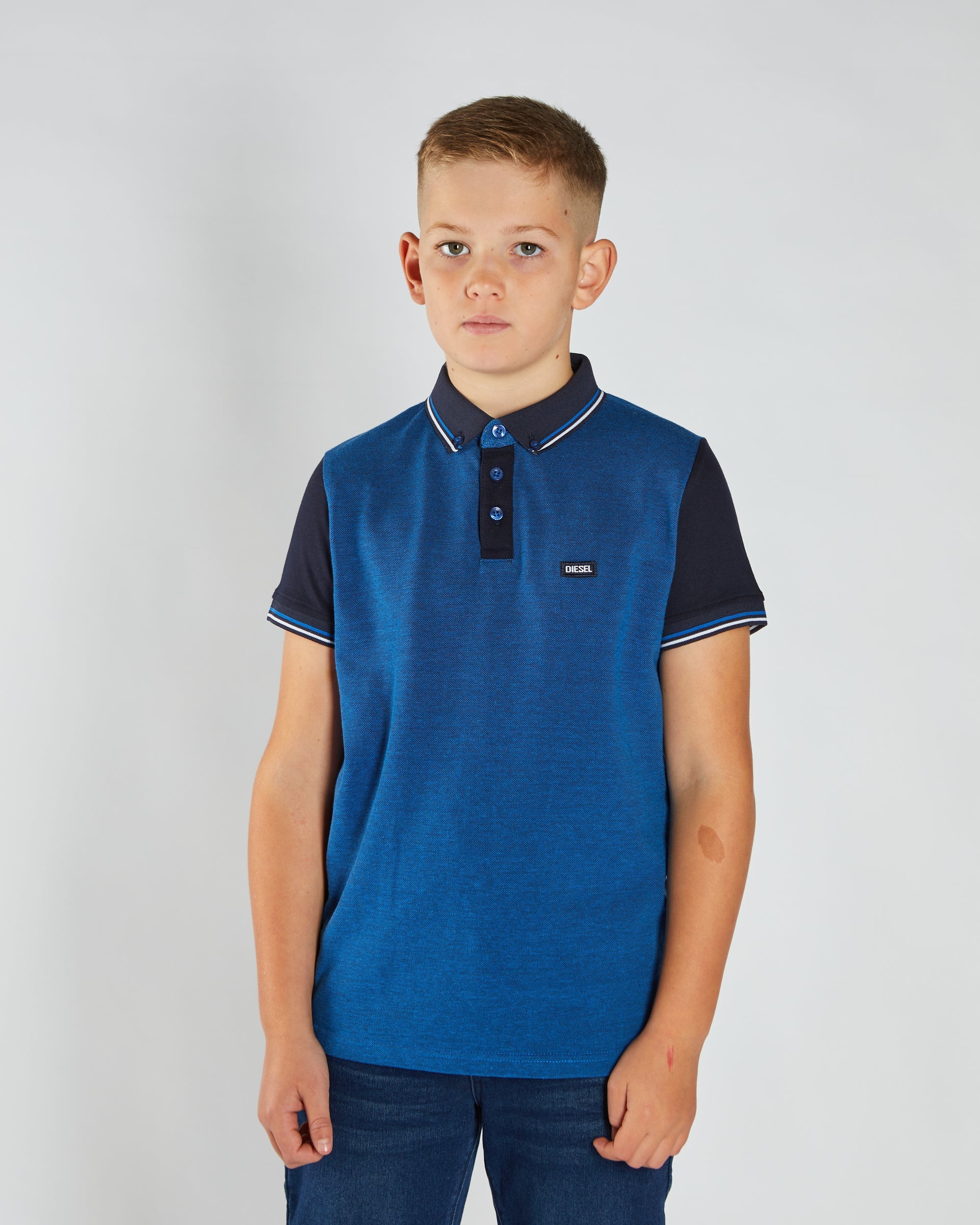 Boys Robinson Birdseye Blue/Navy Polo-Model Front View