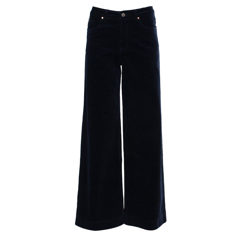 Navy wide-leg cord pants on a white background